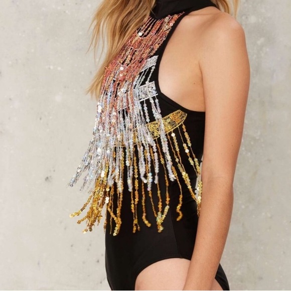 NWT Jaded London AS IS Black Sequin Fringe Sleeveless Bodysuit - Picture 12 of 13